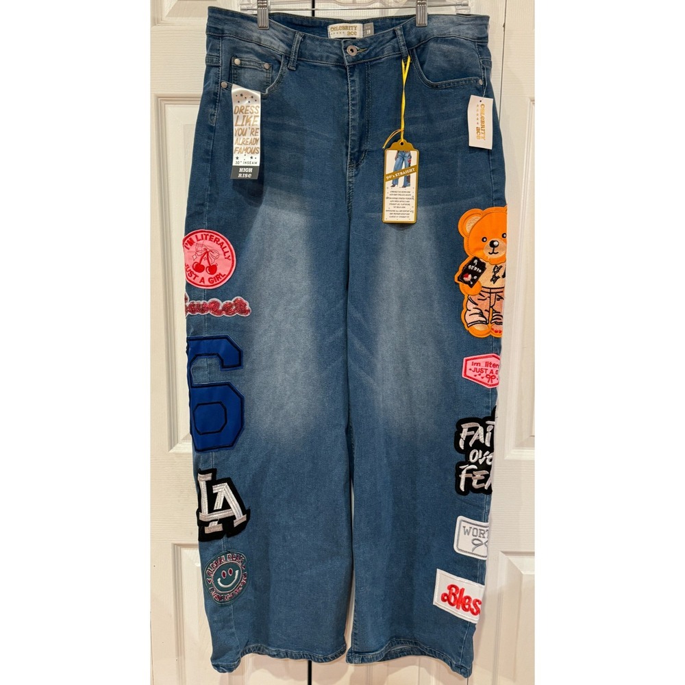 NEW Celebrity Ace Blue Embellished Wide Leg Retro Jeans 90's Women's Size 18